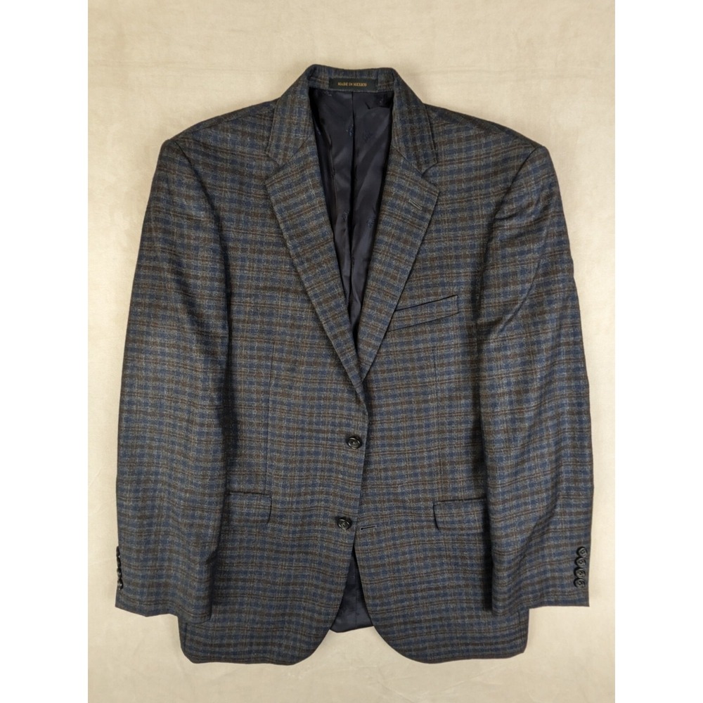 Jos A Bank 42L Mens Blazer Jacket Cashmere Wool Brown‎ Navy Blue Plaid 20x32